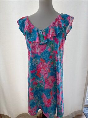 Lilly Pulitzer Blue Dress with Pink Floral Ruffle